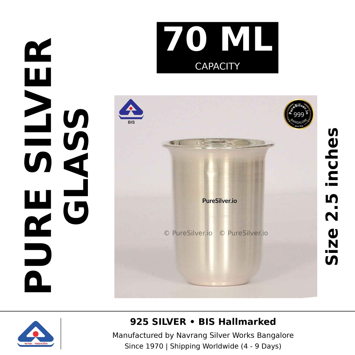 Pure silver glass, 70 ml capacity, size 2.5 inches, black and white specifications image