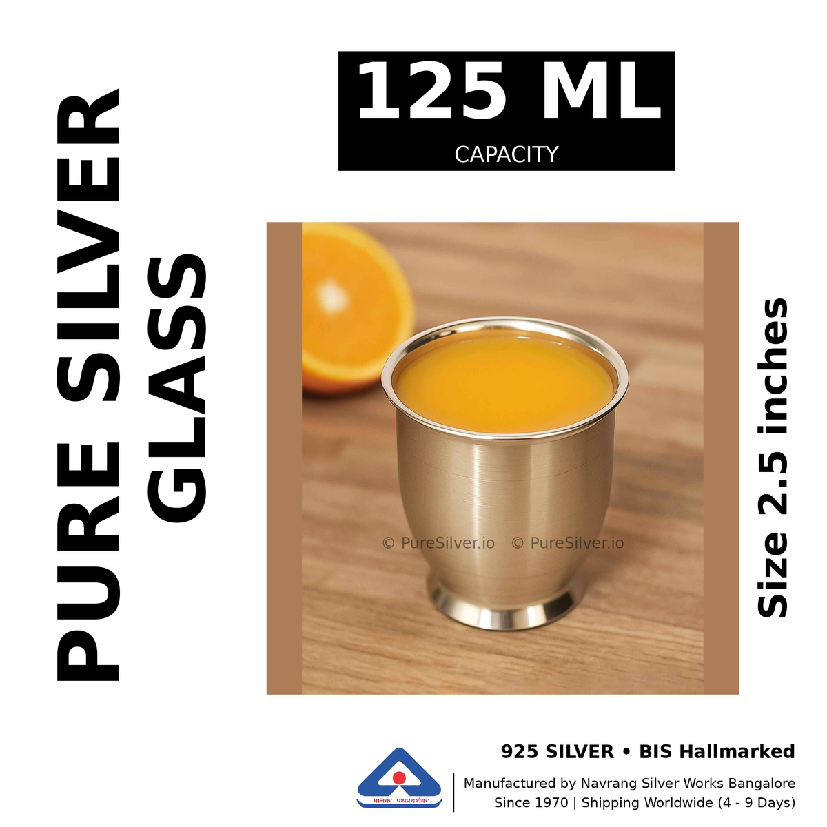 Pure silver glass, 125 ml capacity, size 2.5 inches, black and white specifications image