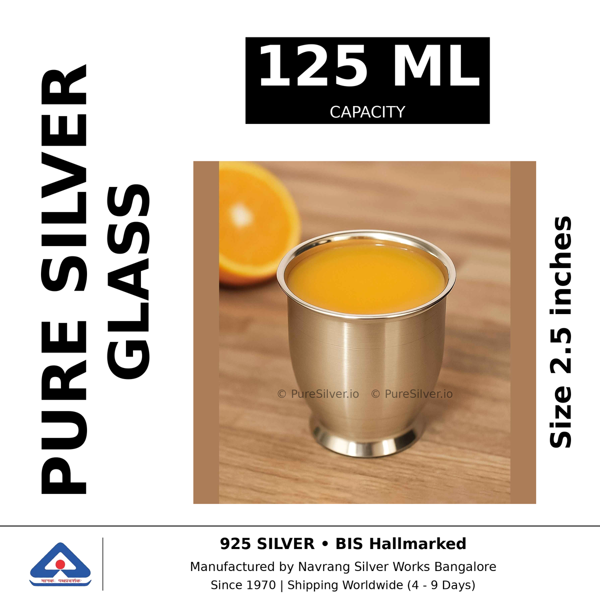 Pure silver glass, 125 ml capacity, size 2.5 inches, black and white specifications image
