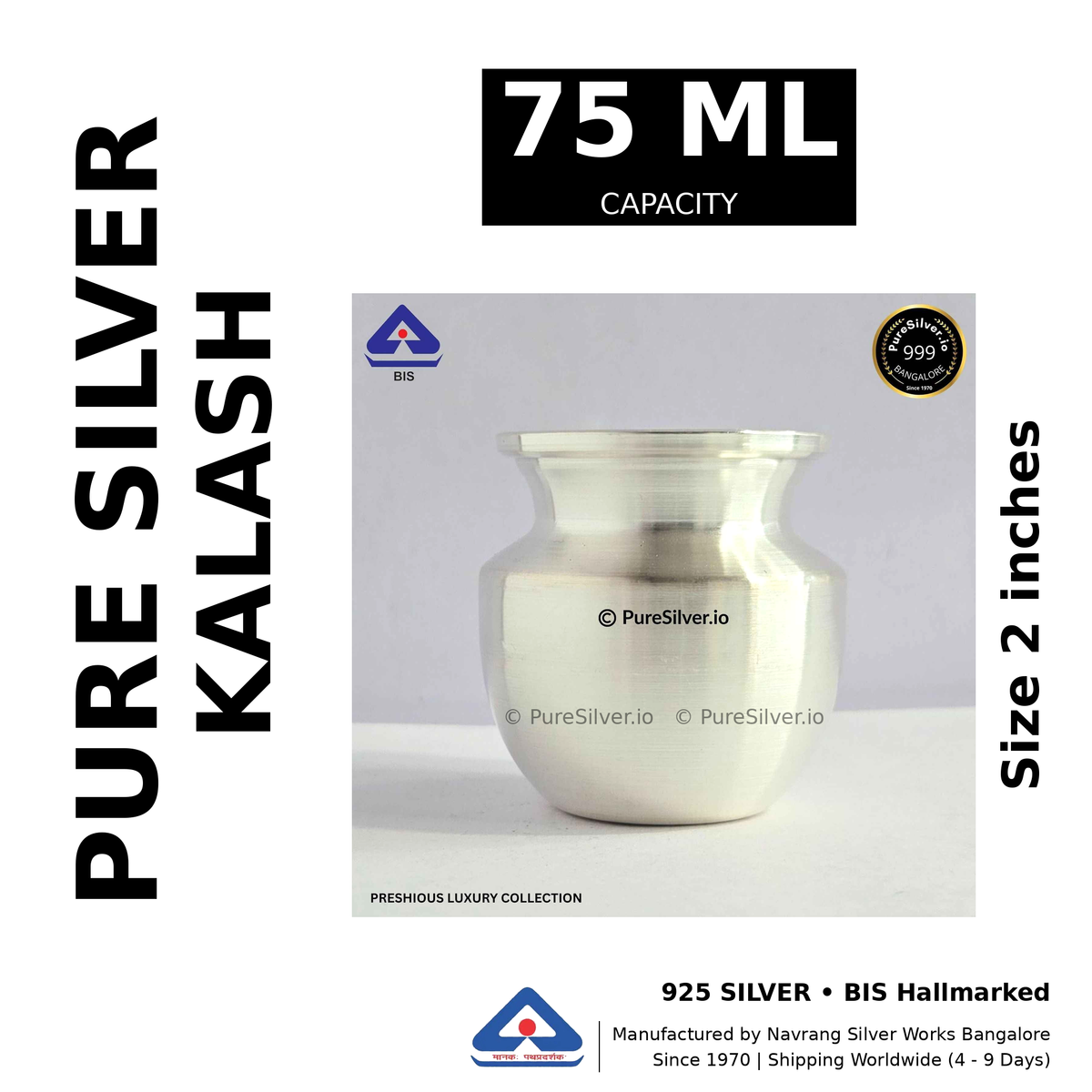 Pure silver kalash, 75 ml capacity, size 2 inches, black and white specifications image