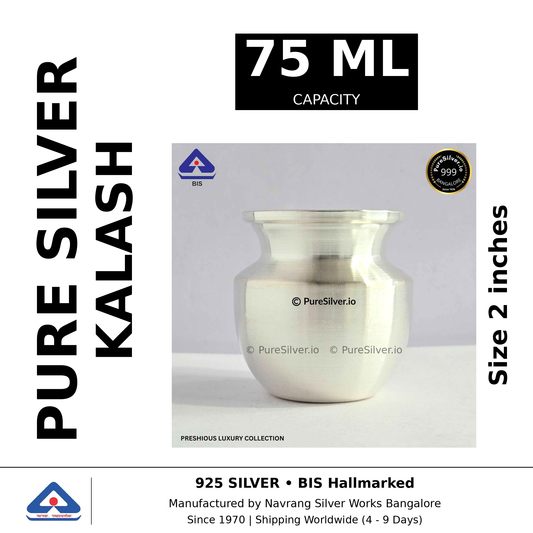 Pure silver kalash, 75 ml capacity, size 2 inches, black and white specifications image