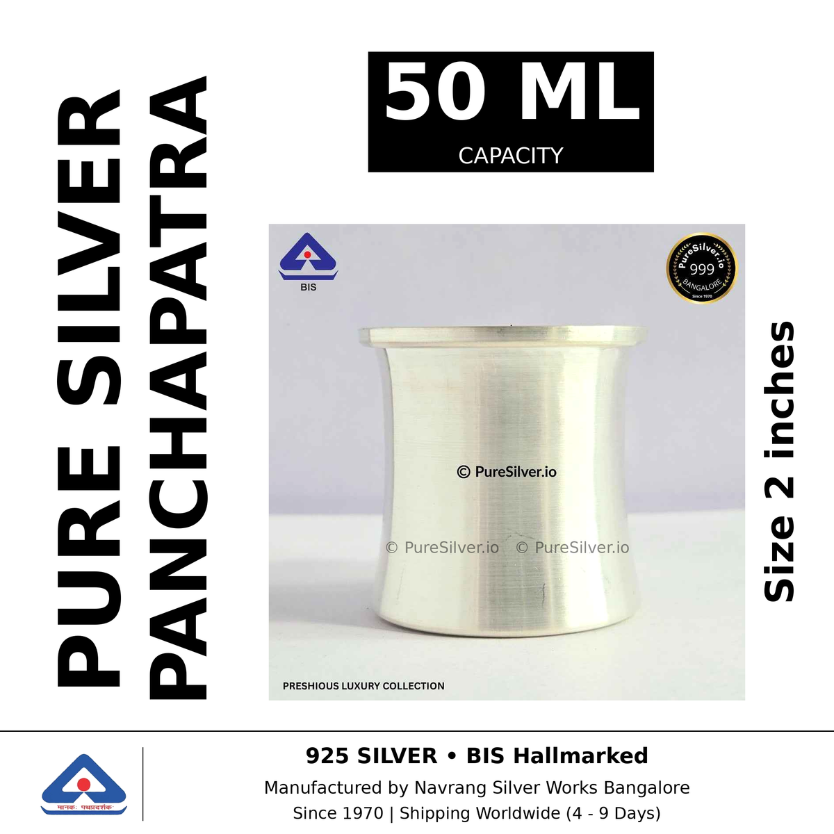 Pure silver panchapatra, 50 ml capacity, size 2 inches, black and white specifications image
