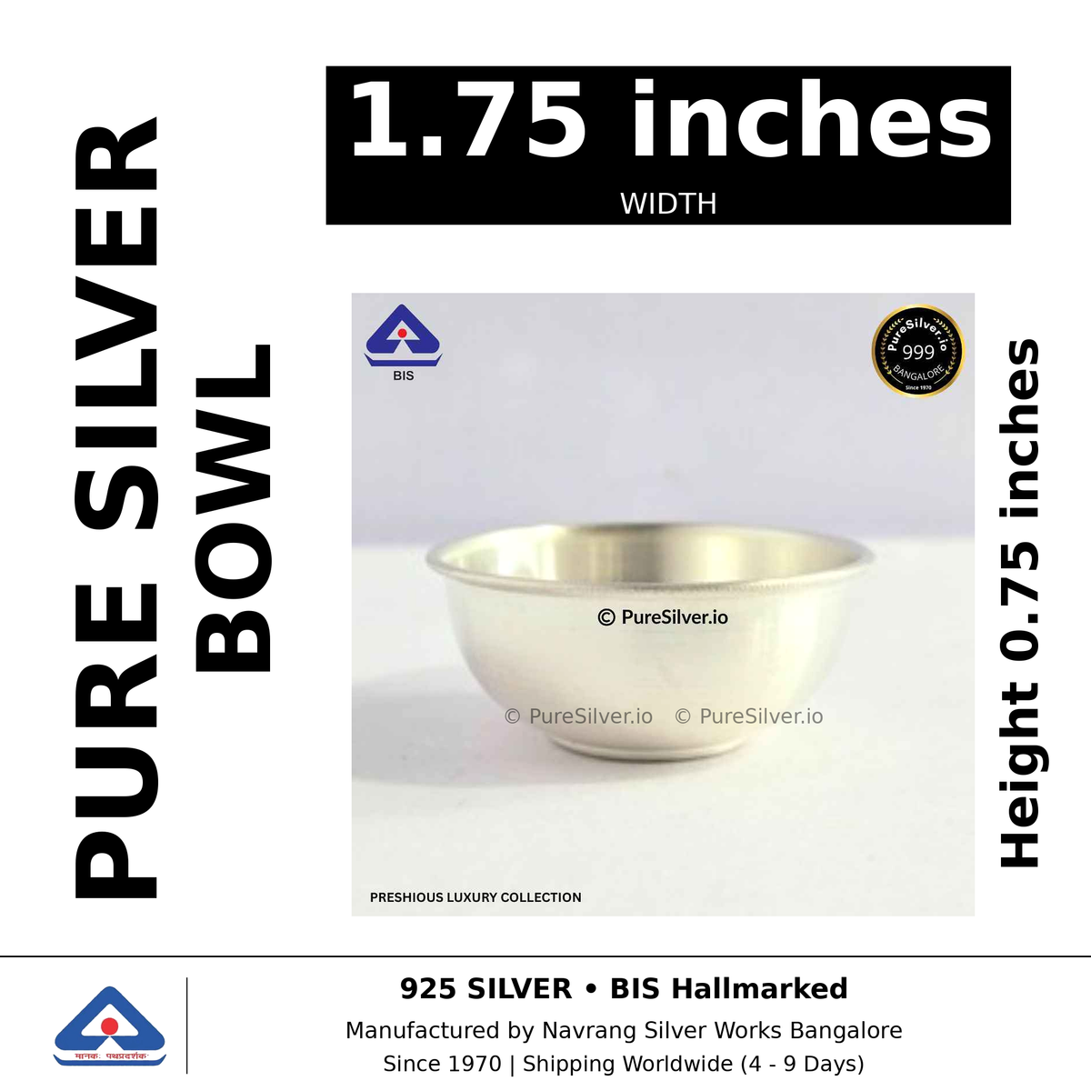Pure silver bowl, width 1.75 inches, height 0.75 inches, black and white specifications image