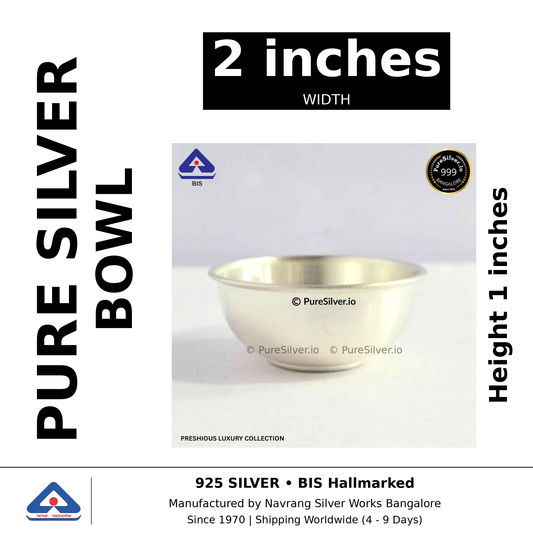 Pure silver bowl, width 2 inches, height 1 inches, black and white specifications image