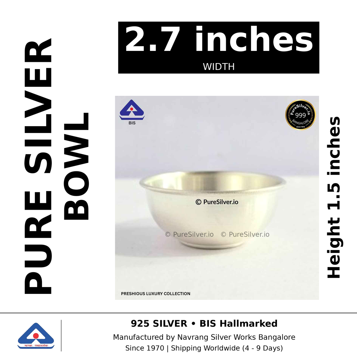 Pure silver bowl, width 2.7 inches, height 1.5 inches, black and white specifications image