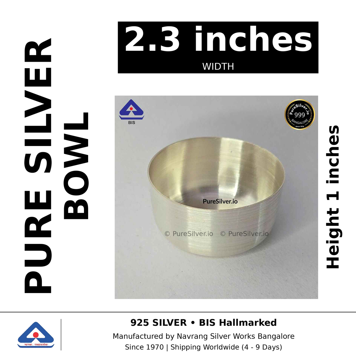 Pure silver bowl, width 2.3 inches, height 1 inches, black and white specifications image