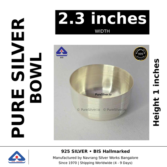 Pure silver bowl, width 2.3 inches, height 1 inches, black and white specifications image