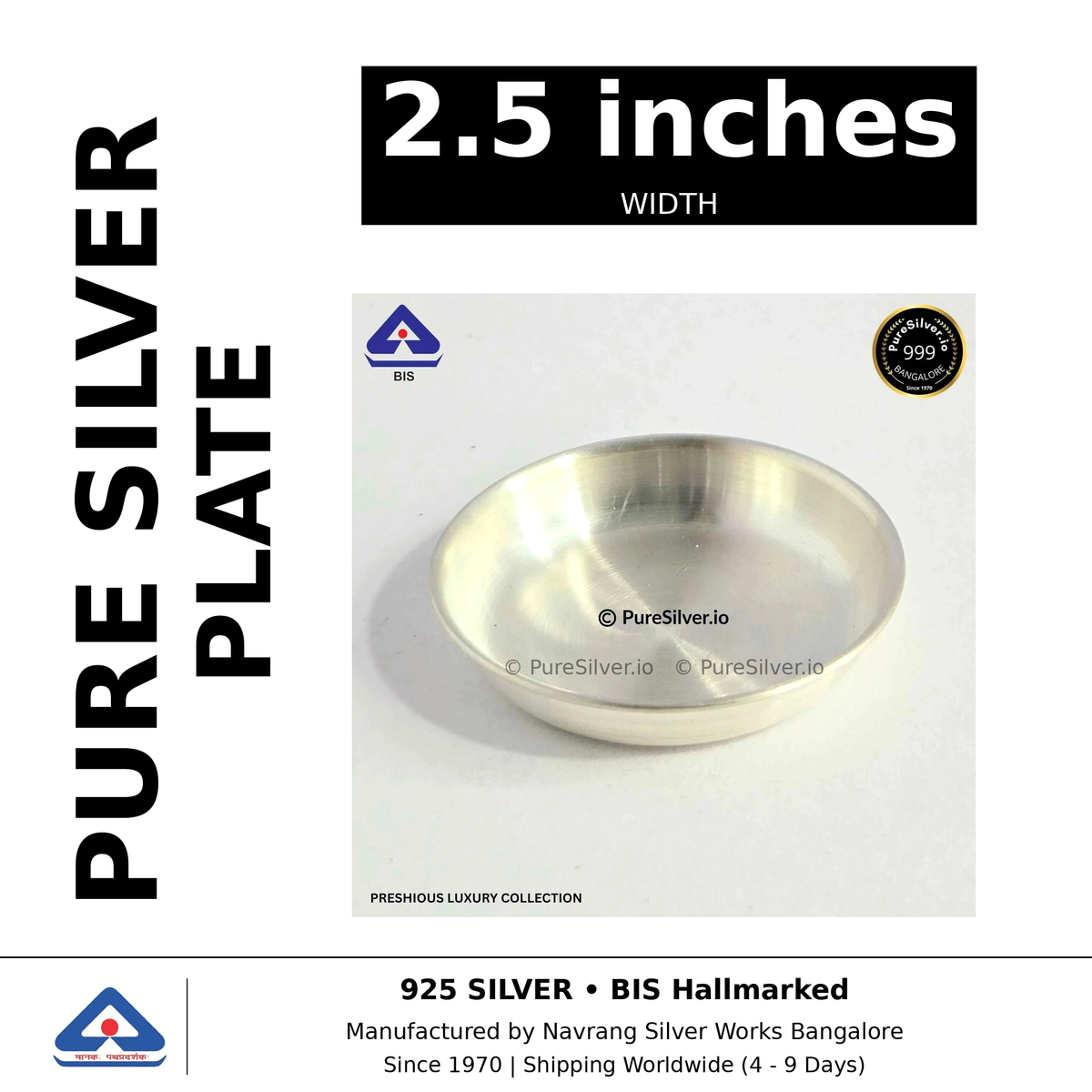 Pure silver plate, width 2.5 inches, black and white specifications image