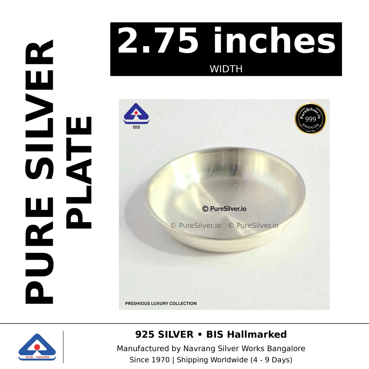Pure silver plate, width 2.75 inches, black and white specifications image
