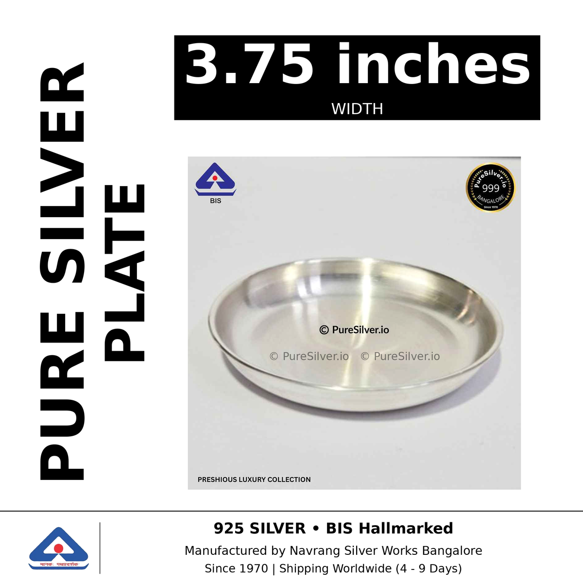 Pure silver plate, width 3.75 inches, black and white specifications image