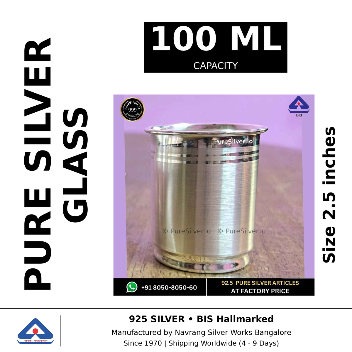 Pure silver glass, 100 ml capacity, size 2.5 inches, black and white specifications image