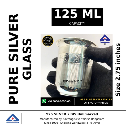 Pure silver glass, 125 ml capacity, size 2.75 inches, black and white specifications image