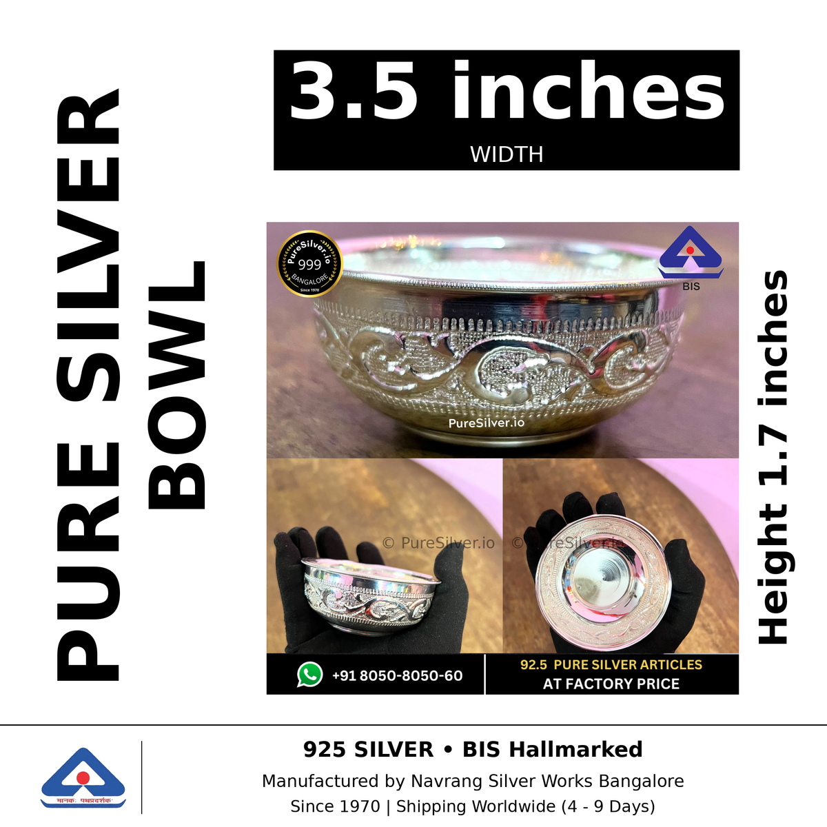 Pure silver bowl, width 3.5 inches, height 1.7 inches, black and white specifications image