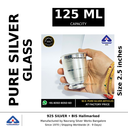 Pure silver glass, 125 ml capacity, size 2.5 inches, black and white specifications image