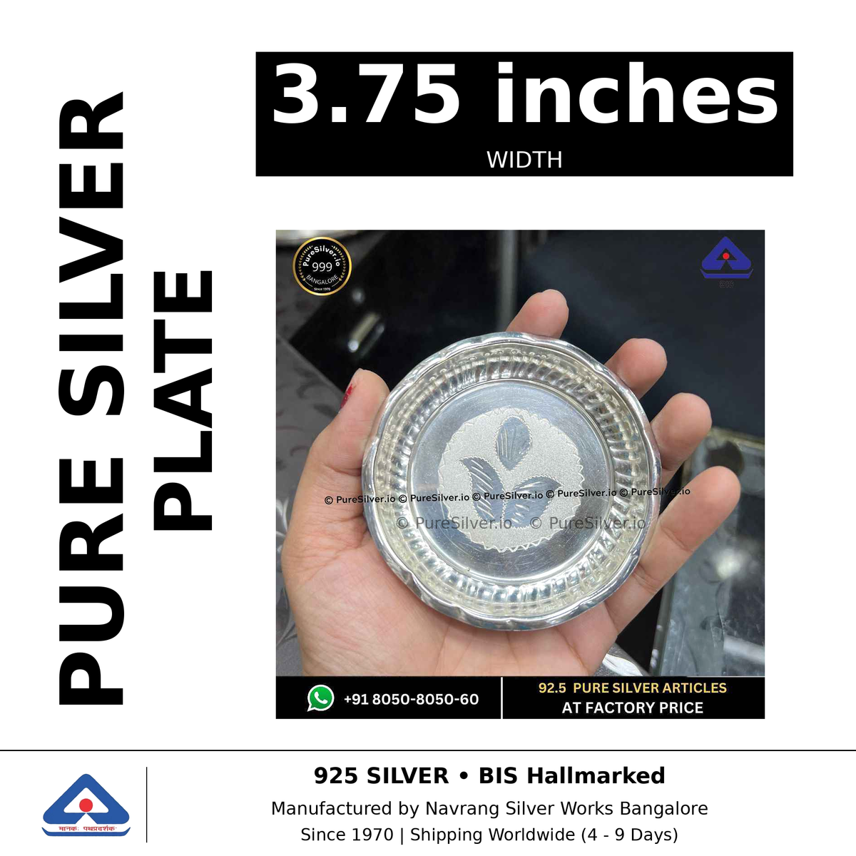 Pure silver plate, width 3.75 inches, black and white specifications image