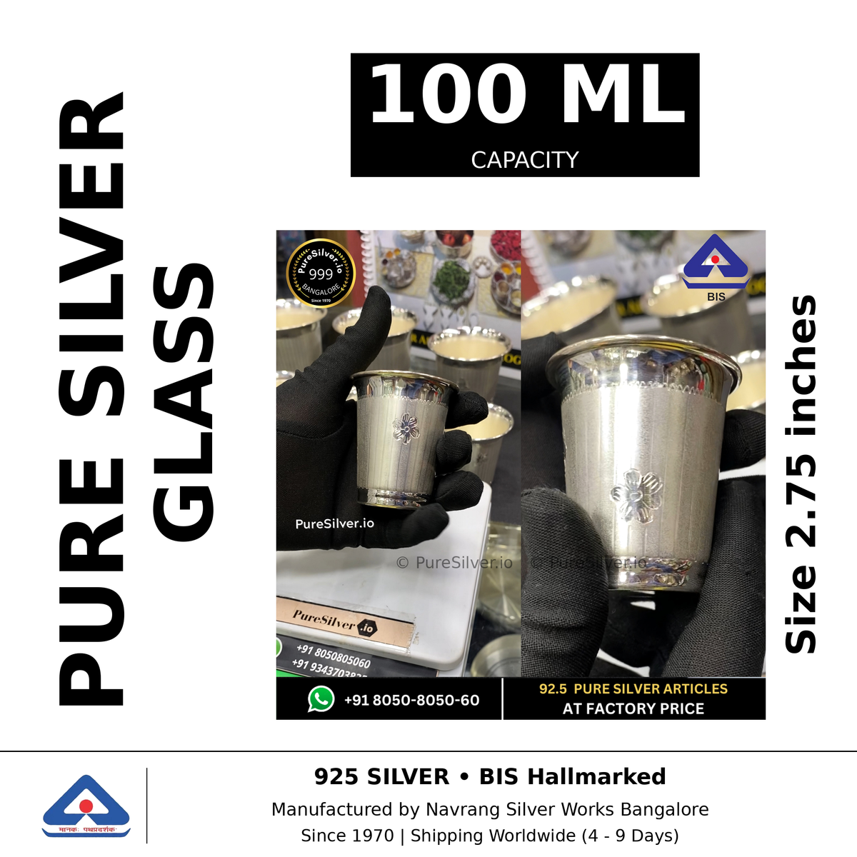 Pure silver glass, 100 ml capacity, size 2.75 inches, black and white specifications image