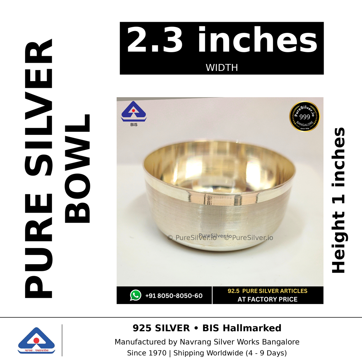 Pure silver bowl, width 2.3 inches, height 1 inches, black and white specifications image