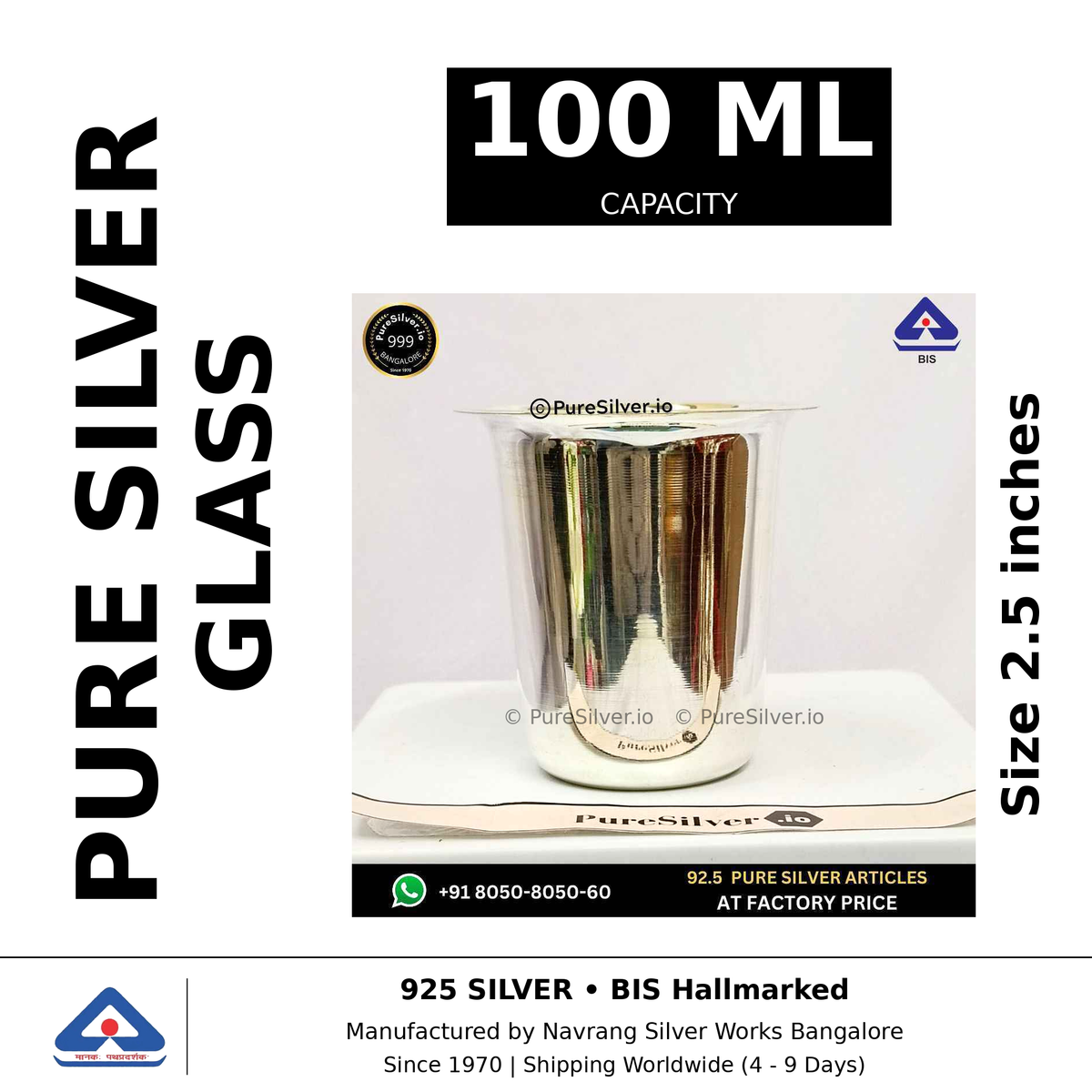 Pure silver glass, 100 ml capacity, size 2.5 inches, black and white specifications image