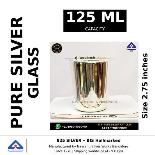 Pure silver glass, 125 ml capacity, size 2.75 inches, black and white specifications image