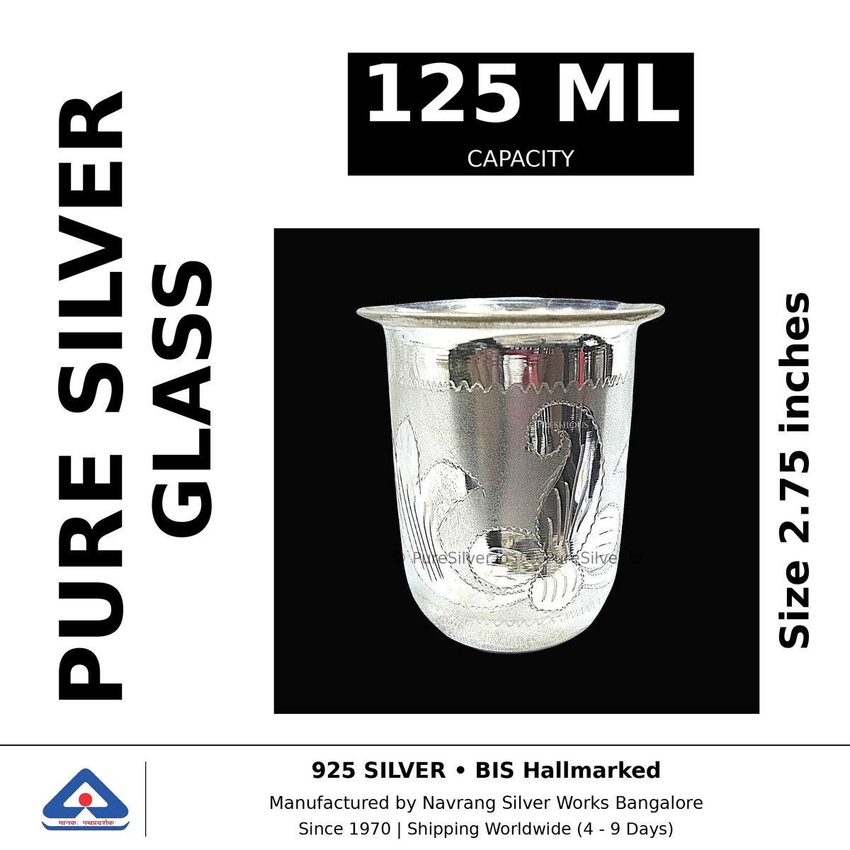 Pure silver glass, 125 ml capacity, size 2.75 inches, black and white specifications image