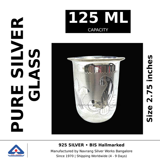 Pure silver glass, 125 ml capacity, size 2.75 inches, black and white specifications image