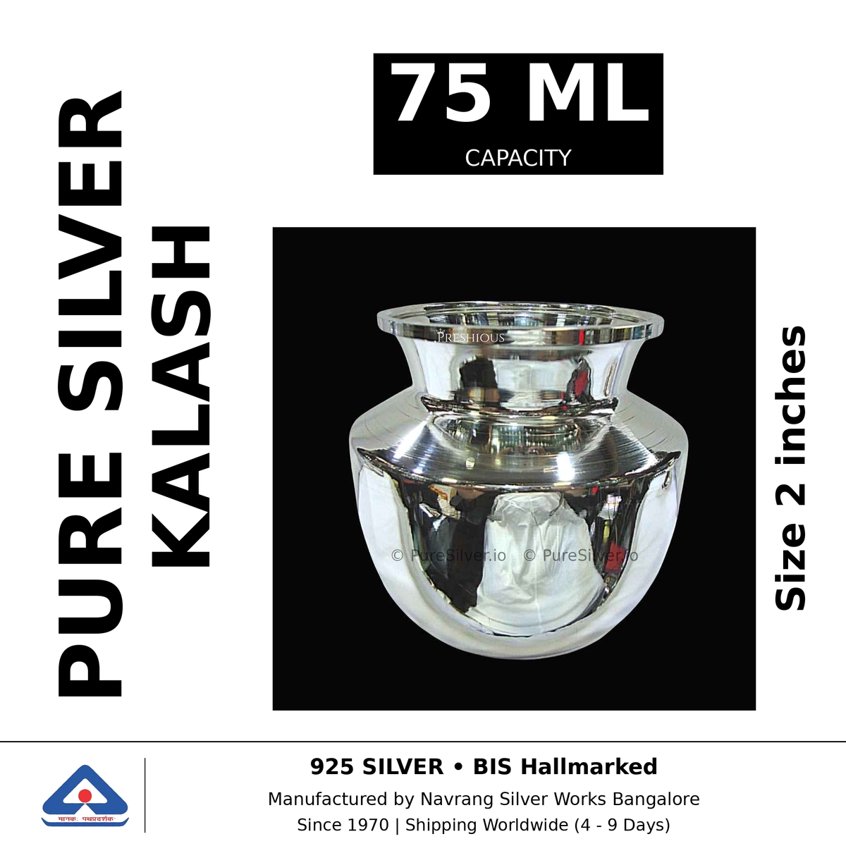 Pure silver kalash, 75 ml capacity, size 2 inches, black and white specifications image