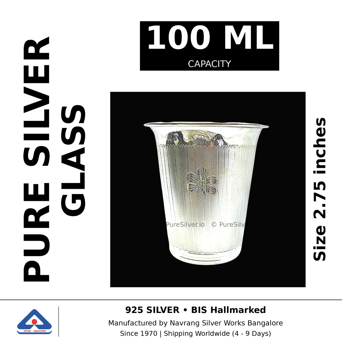 Pure silver glass, 100 ml capacity, size 2.75 inches, black and white specifications image