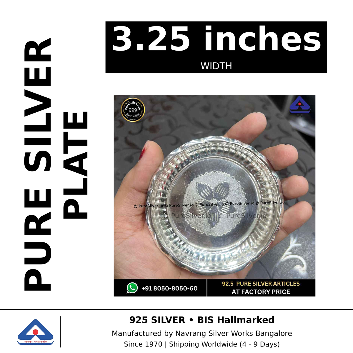Pure silver plate, width 3.25 inches, black and white specifications image