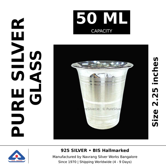 Pure silver glass, 50 ml capacity, size 2.25 inches, black and white specifications image