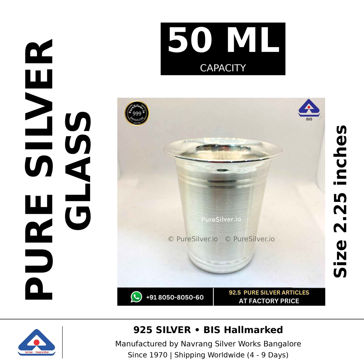 Pure silver glass, 50 ml capacity, size 2.25 inches, black and white specifications image