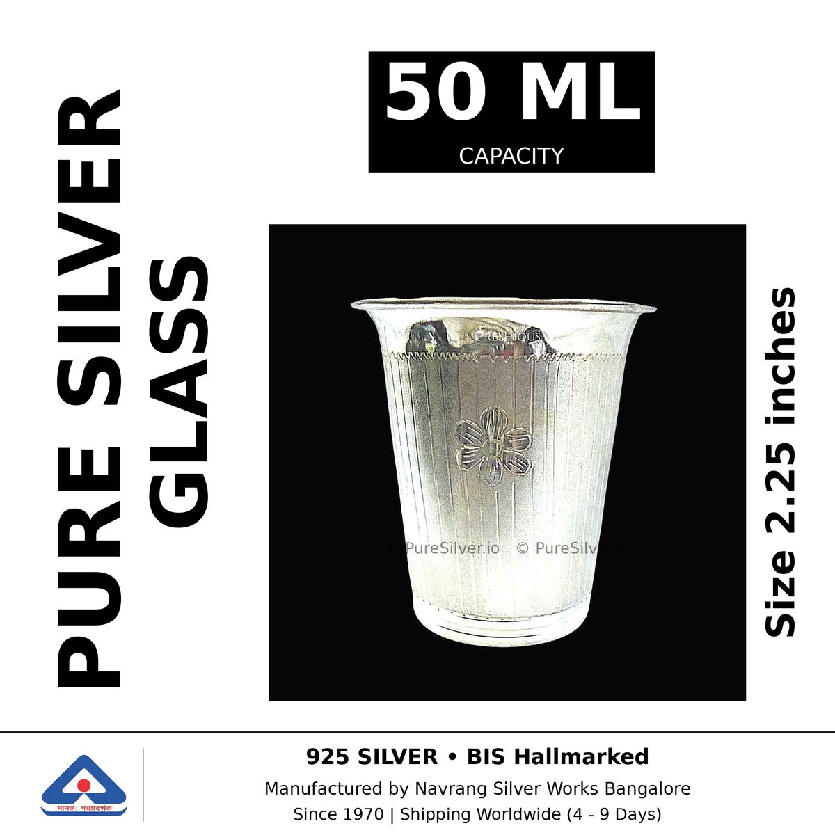 Pure silver glass, 50 ml capacity, size 2.25 inches, black and white specifications image
