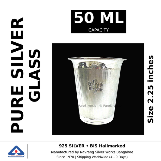 Pure silver glass, 50 ml capacity, size 2.25 inches, black and white specifications image