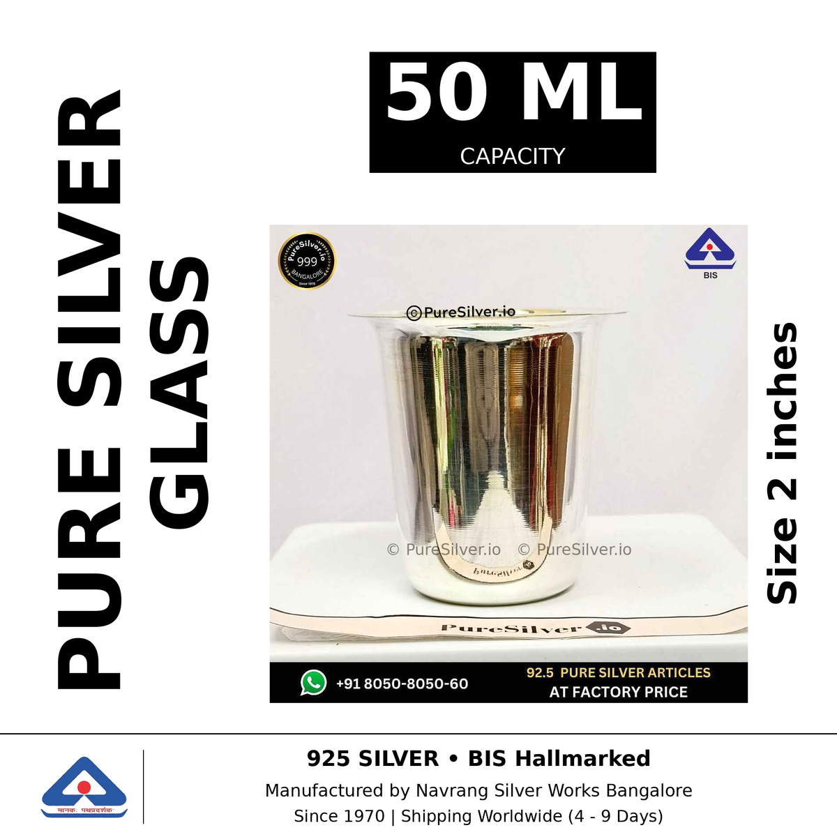 Pure silver glass, 50 ml capacity, size 2 inches, black and white specifications image