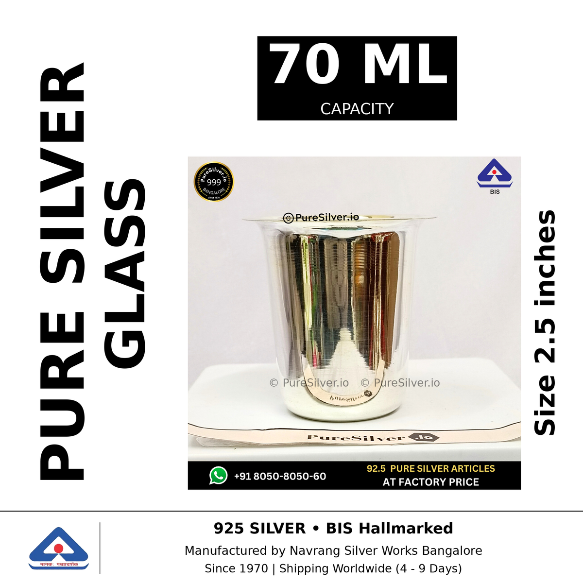 Pure silver glass, 70 ml capacity, size 2.5 inches, black and white specifications image