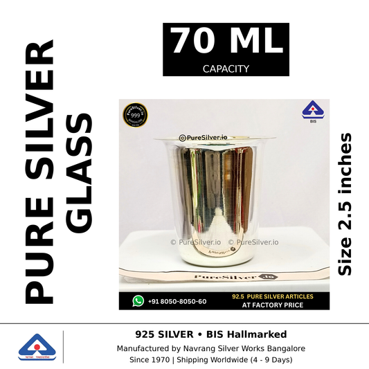 Pure silver glass, 70 ml capacity, size 2.5 inches, black and white specifications image