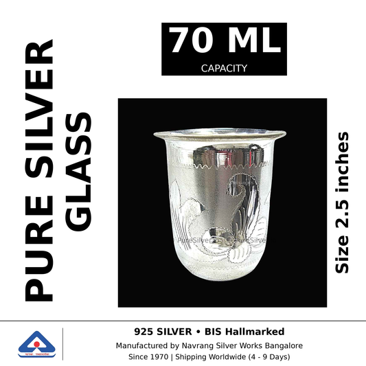 Pure silver glass, 70 ml capacity, size 2.5 inches, black and white specifications image