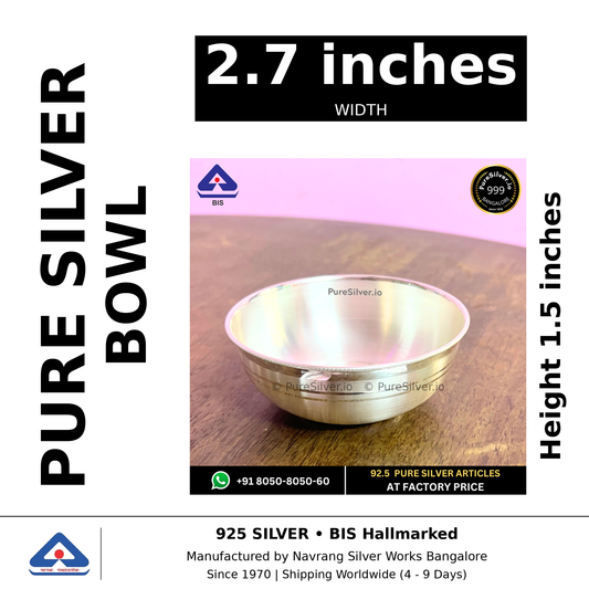 Pure silver bowl, width 2.7 inches, height 1.5 inches, black and white specifications image