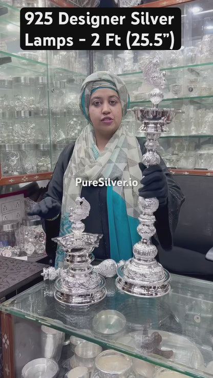 Luxury 925 Silver Lakshmi Hamsa Designer Long Lamps [Set of 2], BIS Hallmarked