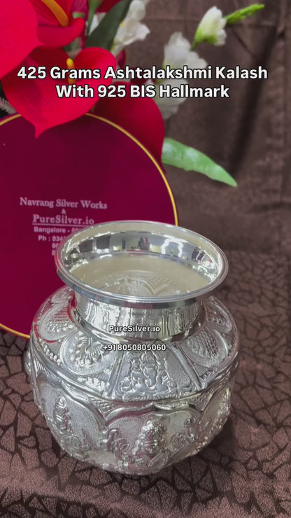 Luxury 925 Silver Ashtalakshmi Hand-Embossed Kalash (BIS 925 Hallmarked)