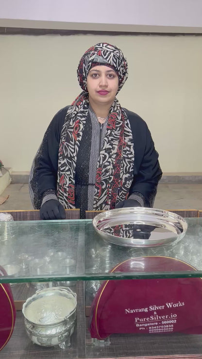 11.75 Pure Silver Thali for Eating with 24k Pure Gold Flower (0.5g), 925 BIS Hallmarked