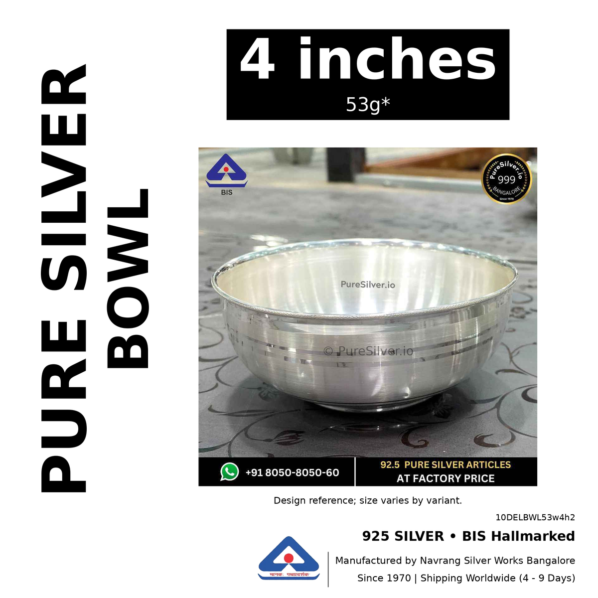 925 BIS hallmarked silver bowl, 4 inches • 53g*. Design reference; size varies by variant. Code 10DELBWL53w4h2.