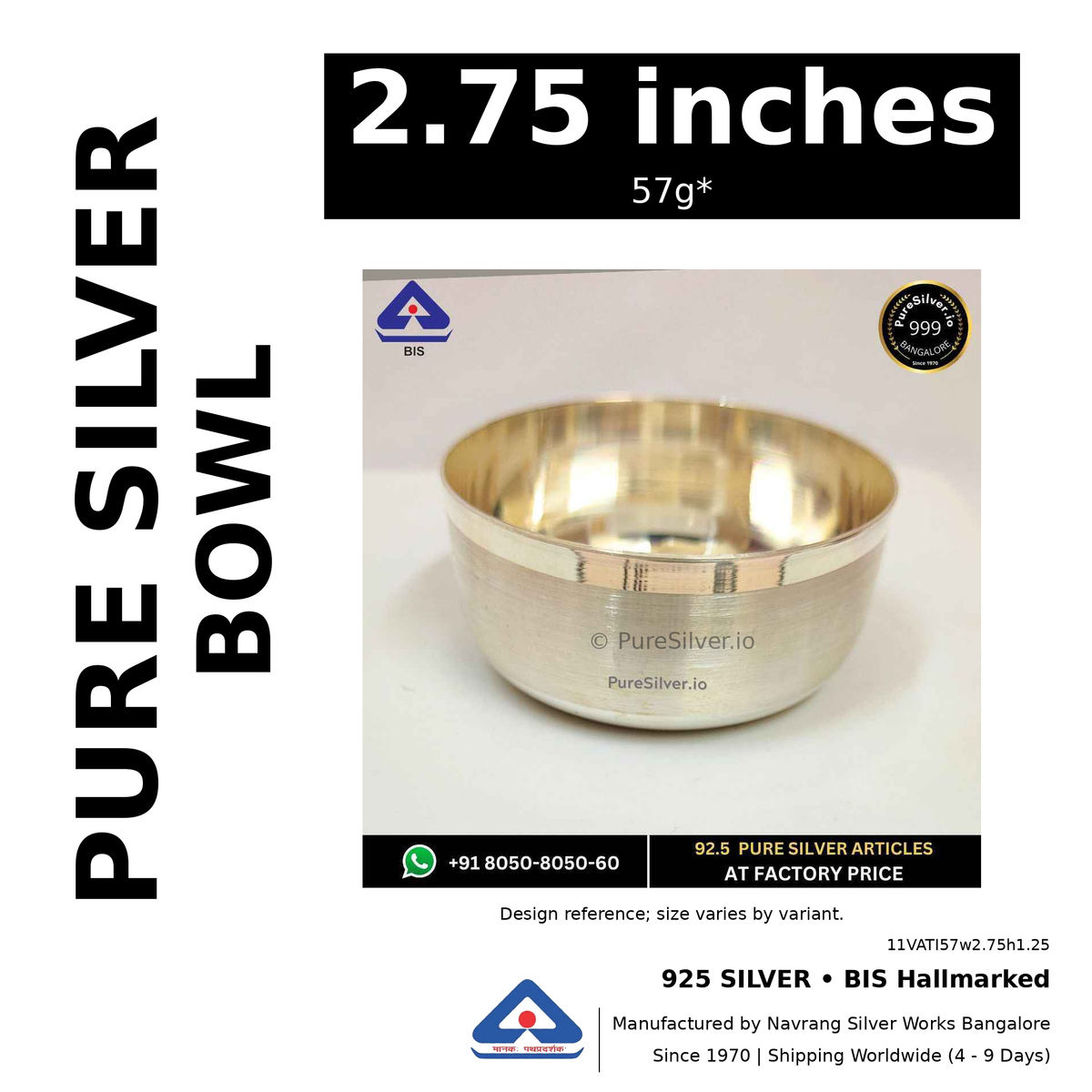 925 BIS hallmarked silver bowl, 2.75 inches • 57g*. Design reference; size varies by variant. Code 11VATI57w2.75h1.25.