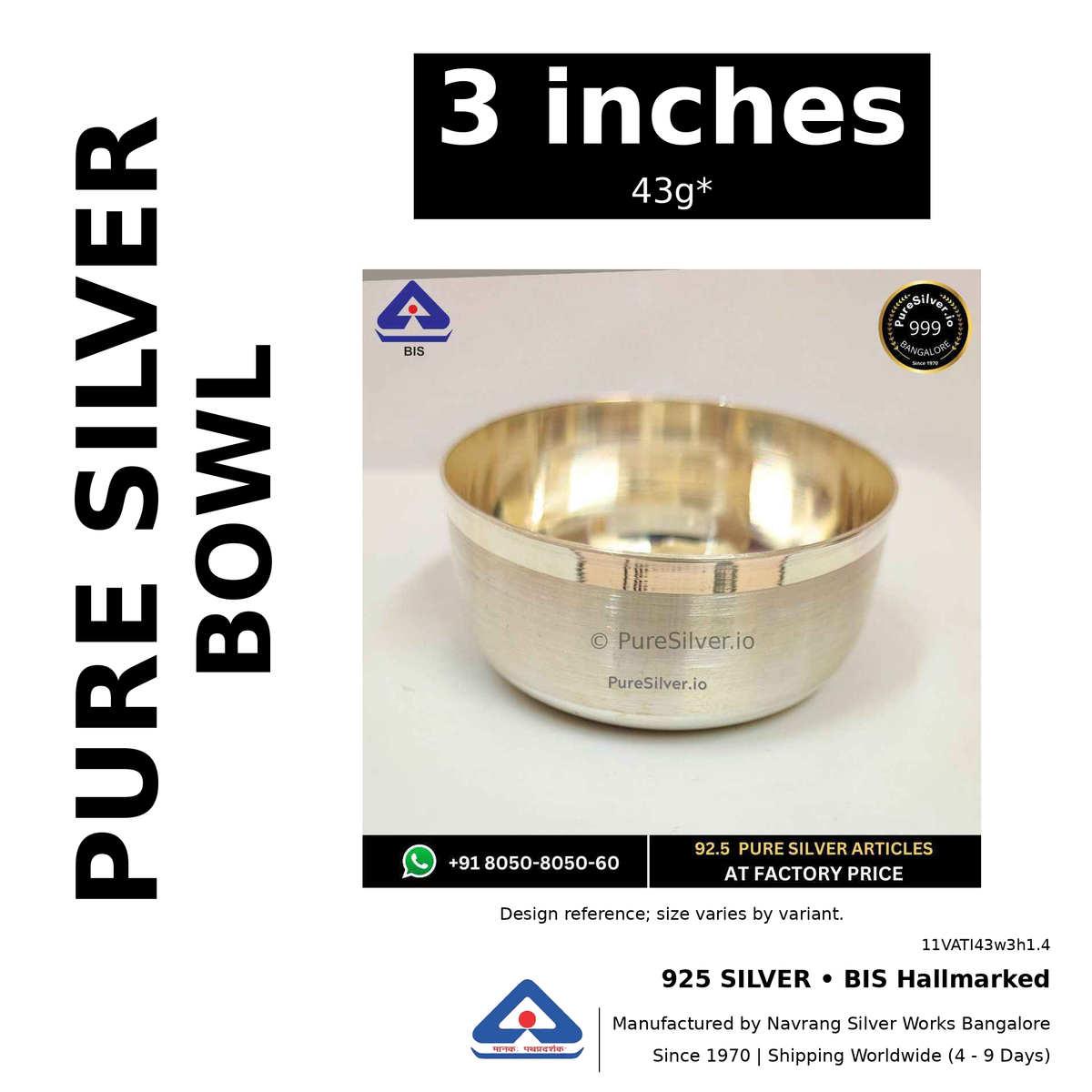 925 BIS hallmarked silver bowl, 3 inches • 43g*. Design reference; size varies by variant. Code 11VATI43w3h1.4.