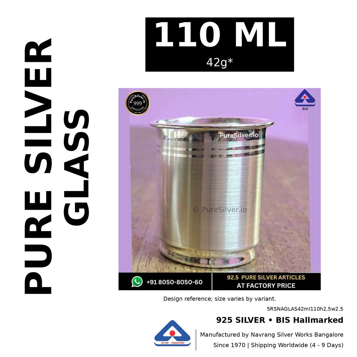 925 BIS hallmarked silver glass, 110 ml • 42g*. Design reference; size varies by variant. Code 5RSNAGLAS42ml110h2.5w2.5.