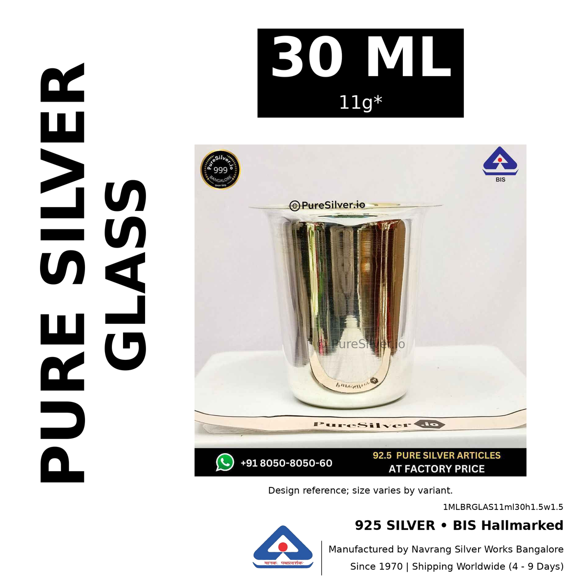 925 BIS hallmarked silver glass, 30 ml • 11g*. Design reference; size varies by variant. Code 1MLBRGLAS11ml30h1.5w1.5.