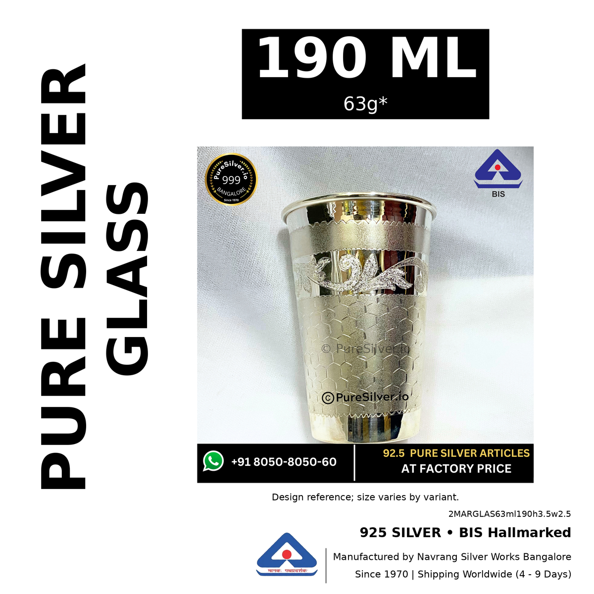 925 BIS hallmarked silver glass, 190 ml • 63g*. Design reference; size varies by variant. Code 2MARGLAS63ml190h3.5w2.5.