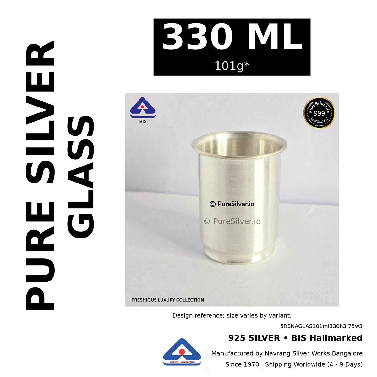 925 BIS hallmarked silver glass, 330 ml • 101g*. Design reference; size varies by variant. Code 5RSNAGLAS101ml330h3.75w3.