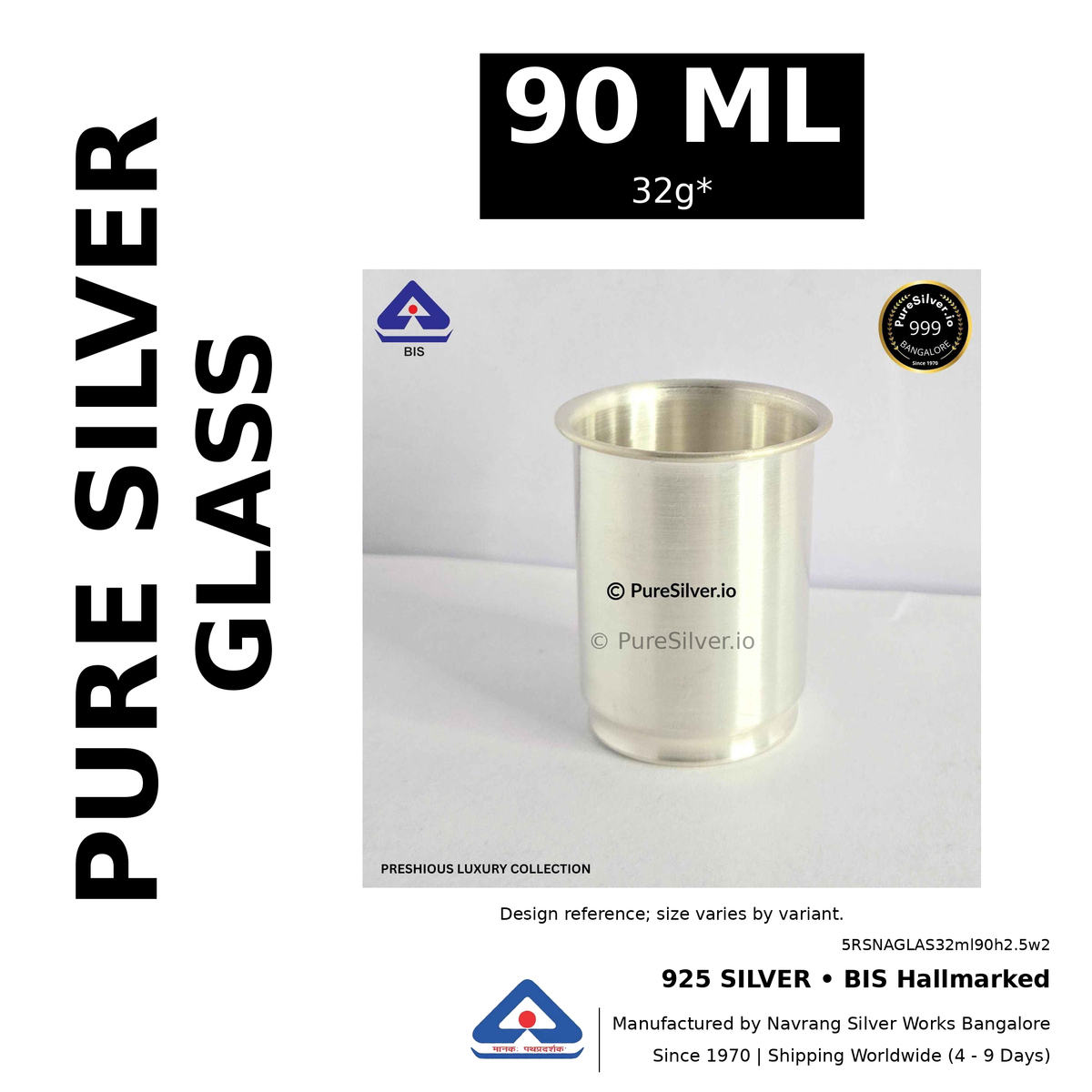 925 BIS hallmarked silver glass, 90 ml • 32g*. Design reference; size varies by variant. Code 5RSNAGLAS32ml90h2.5w2.