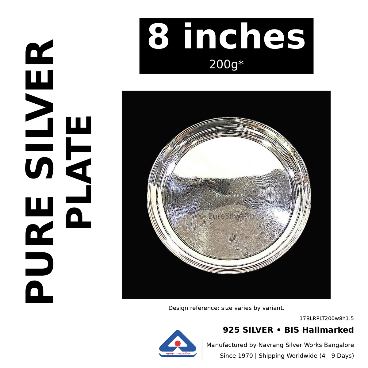 925 BIS hallmarked silver plate, 8 inches • 200g*. Design reference; size varies by variant. Code 17BLRPLT200w8h1.5.