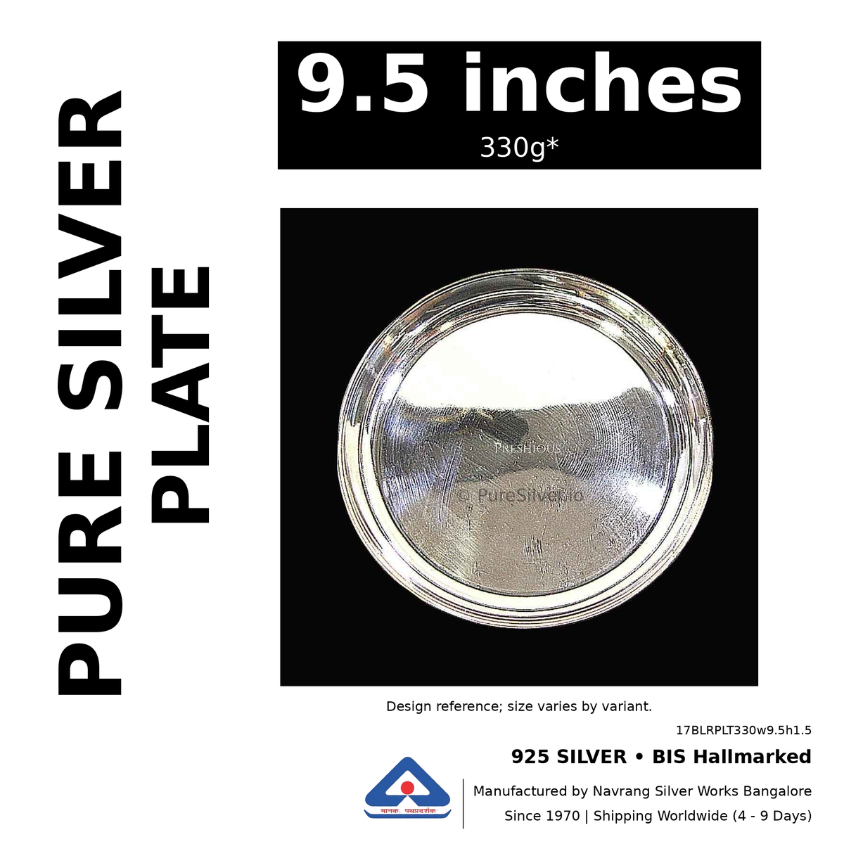 925 BIS hallmarked silver plate, 9.5 inches • 330g*. Design reference; size varies by variant. Code 17BLRPLT330w9.5h1.5.